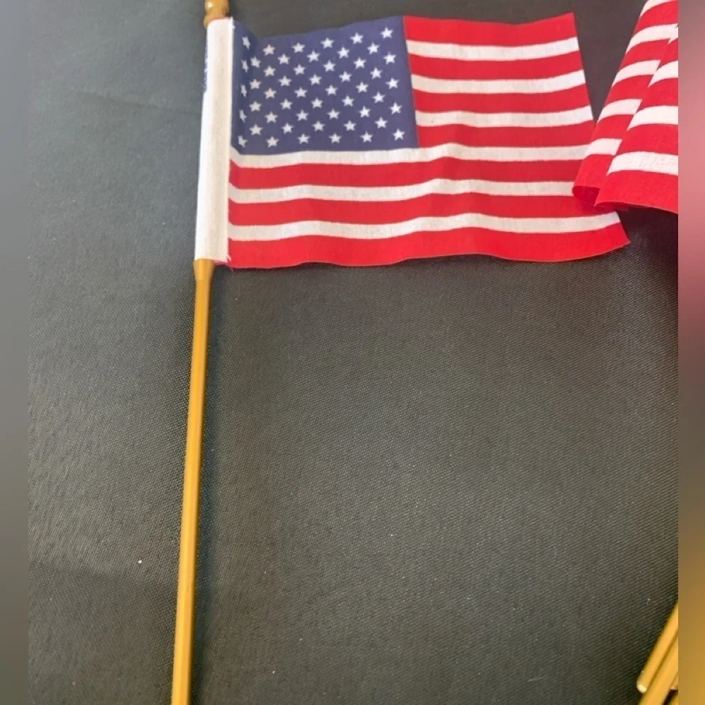 Small American Flags, 10” tall, plastic flag pole, cotton flag, 8 flags, NWOT